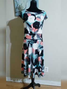 dressbarn Coral, Teal, Black & White Floral Midi Dress